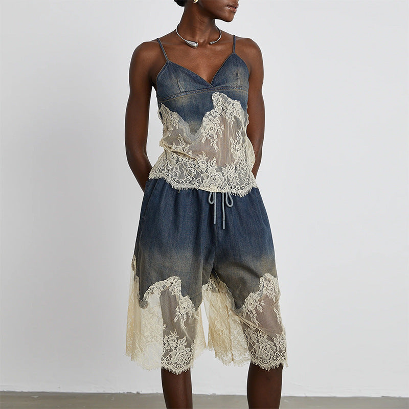 Lace Two-piece Simple Style Top Casual Denim Shorts Fashion Thin - Bellarte Enchanté Lace Two-piece Simple Style Top Casual Denim Shorts Fashion Thin